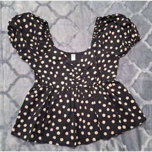 BP Black Babydoll Top With Yellow Floral Print XS 100% Cotton Puff Sleeves Squar